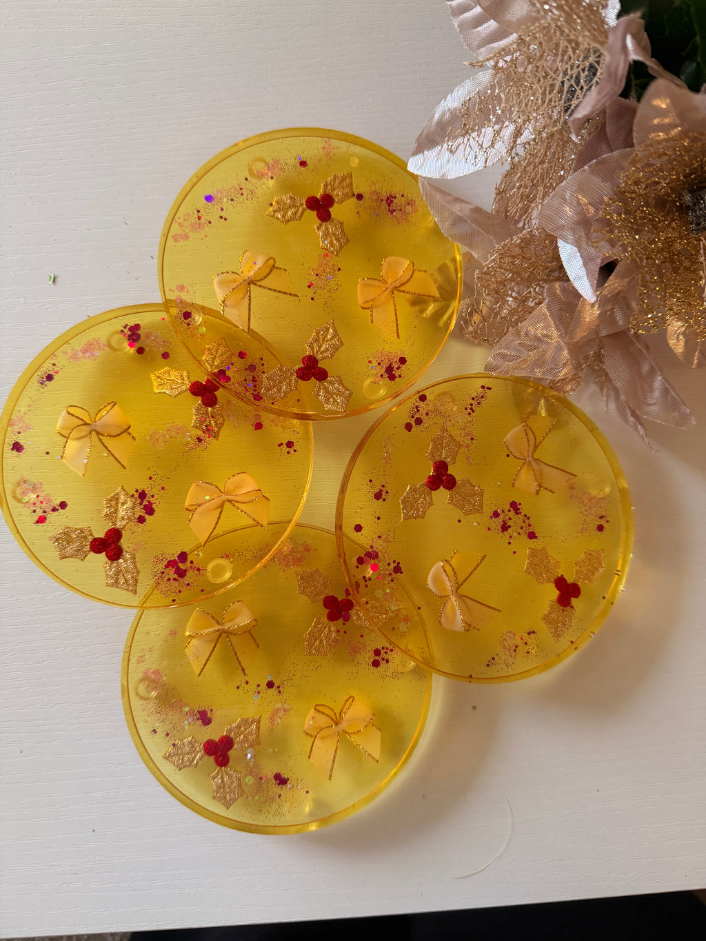 Gold Bow and Holly Coasters