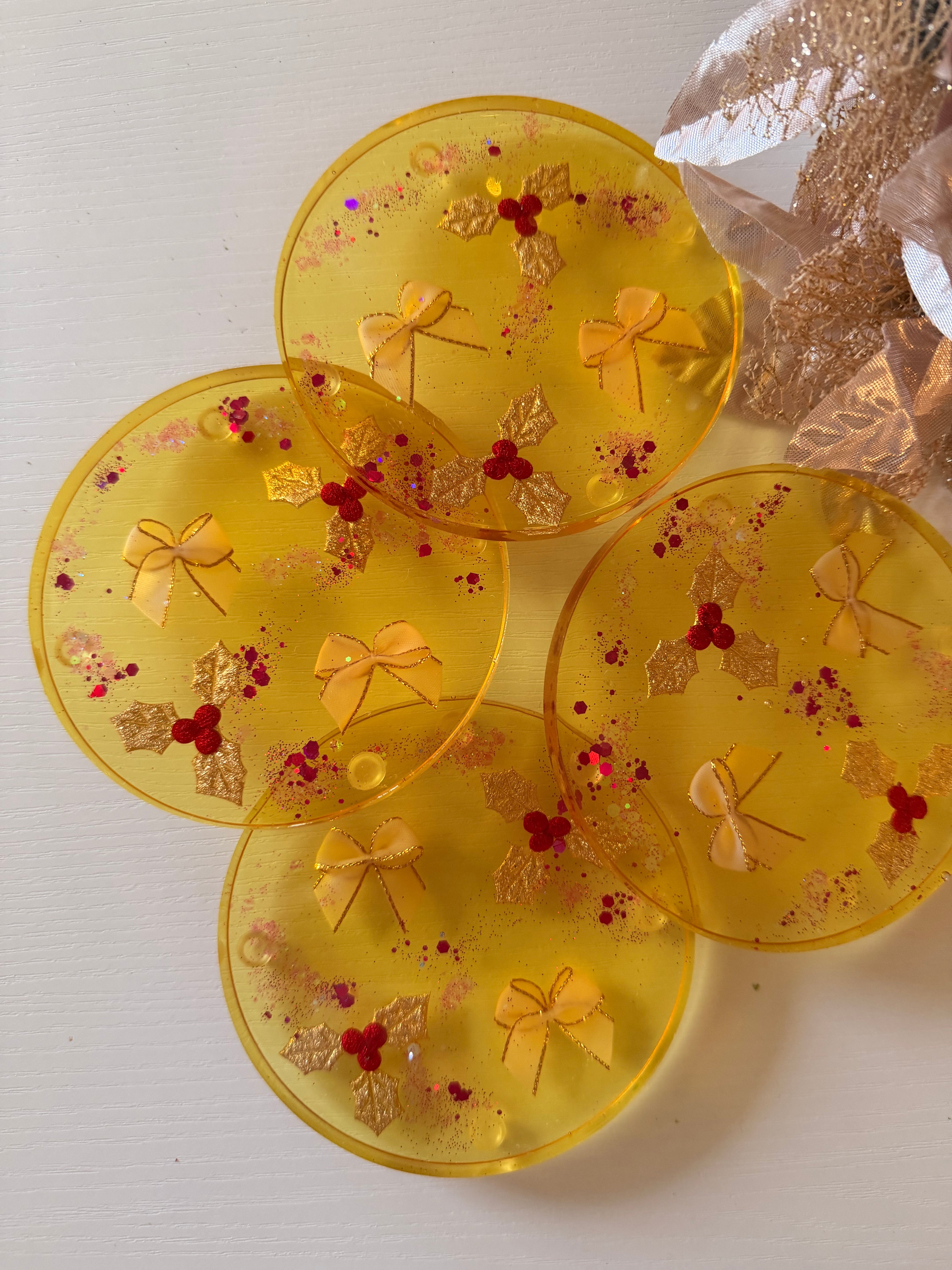 Gold Bow and Holly Coasters
