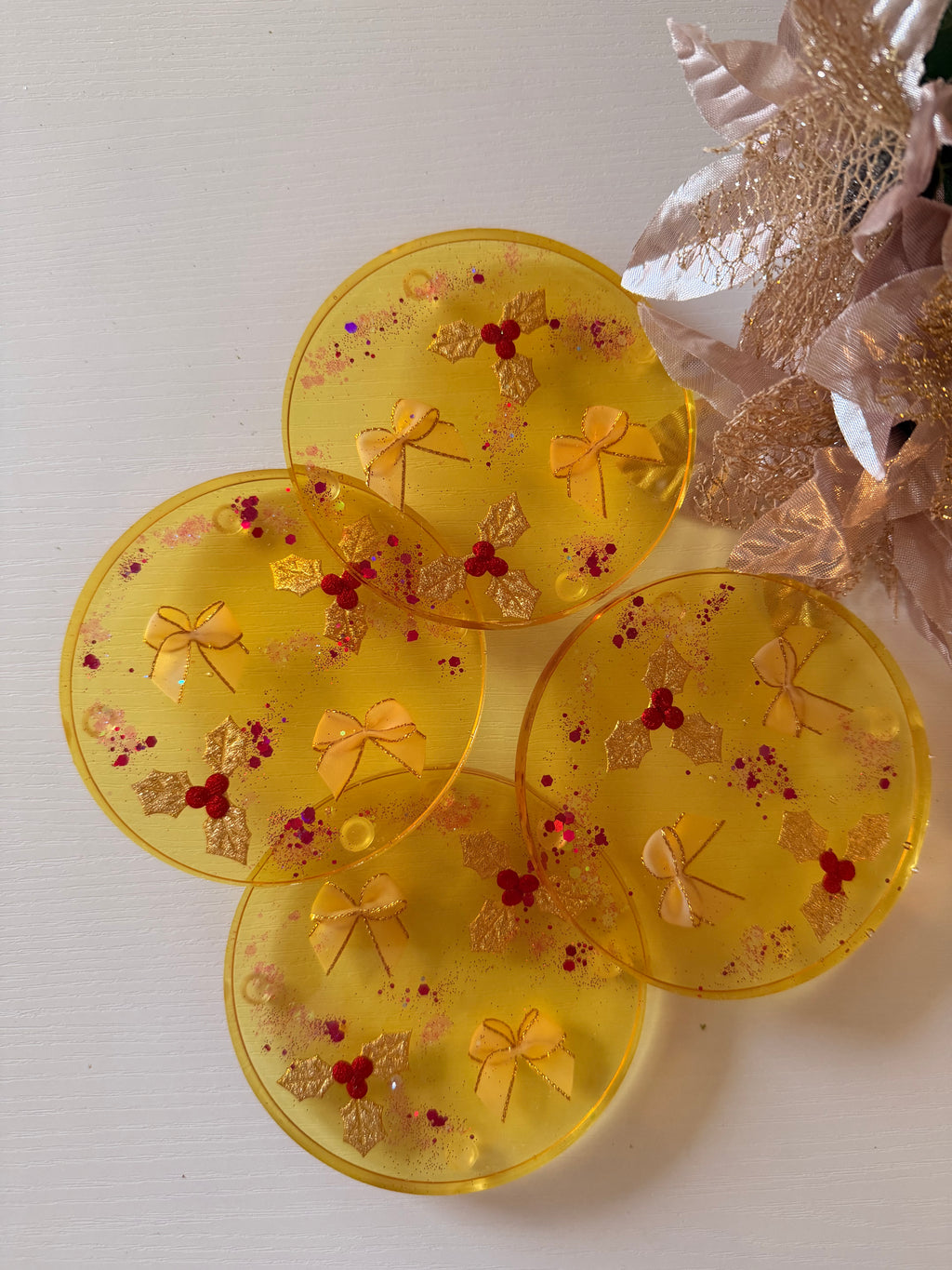 Gold Bow and Holly Coasters