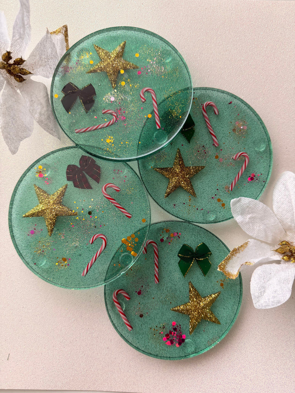 Green & Gold Star Holiday Coasters