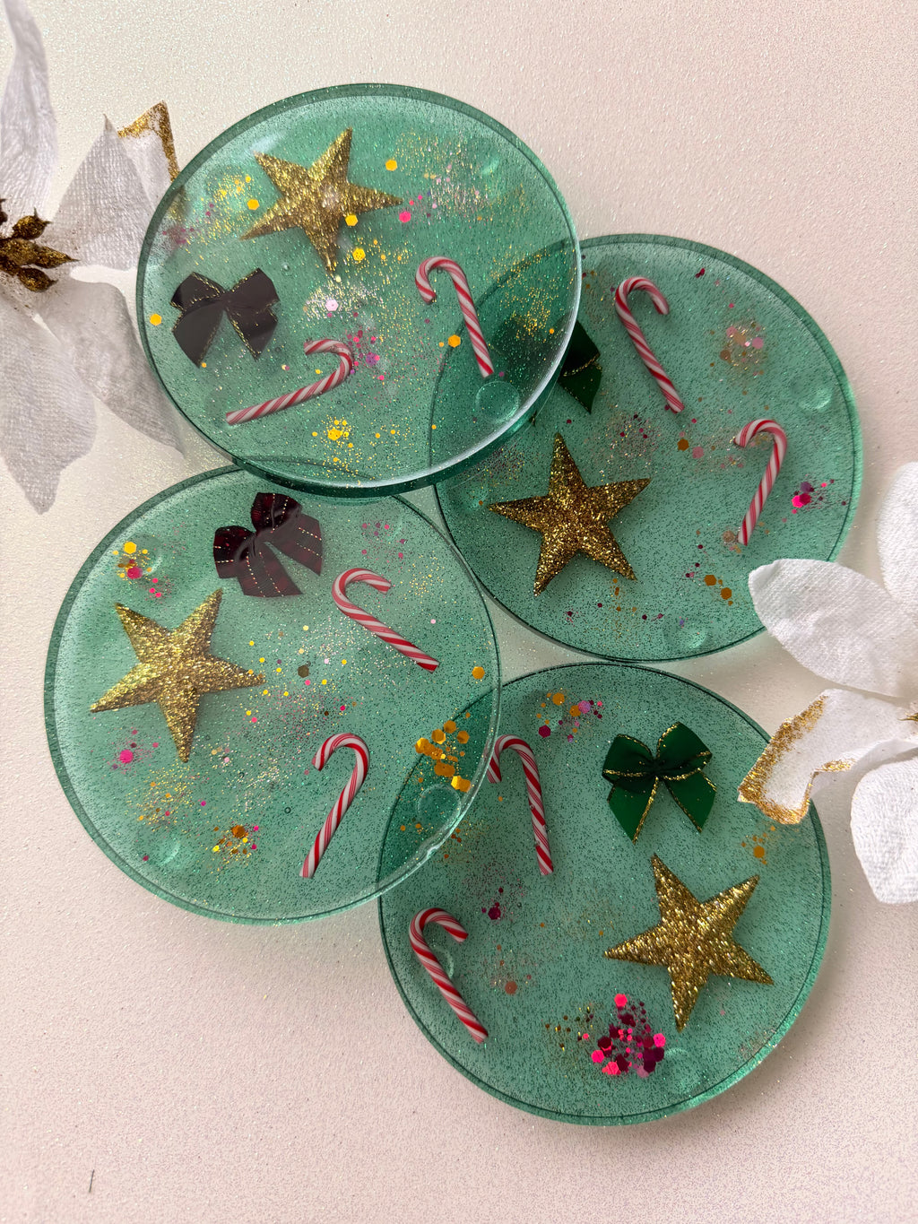 Green & Gold Star Holiday Coasters