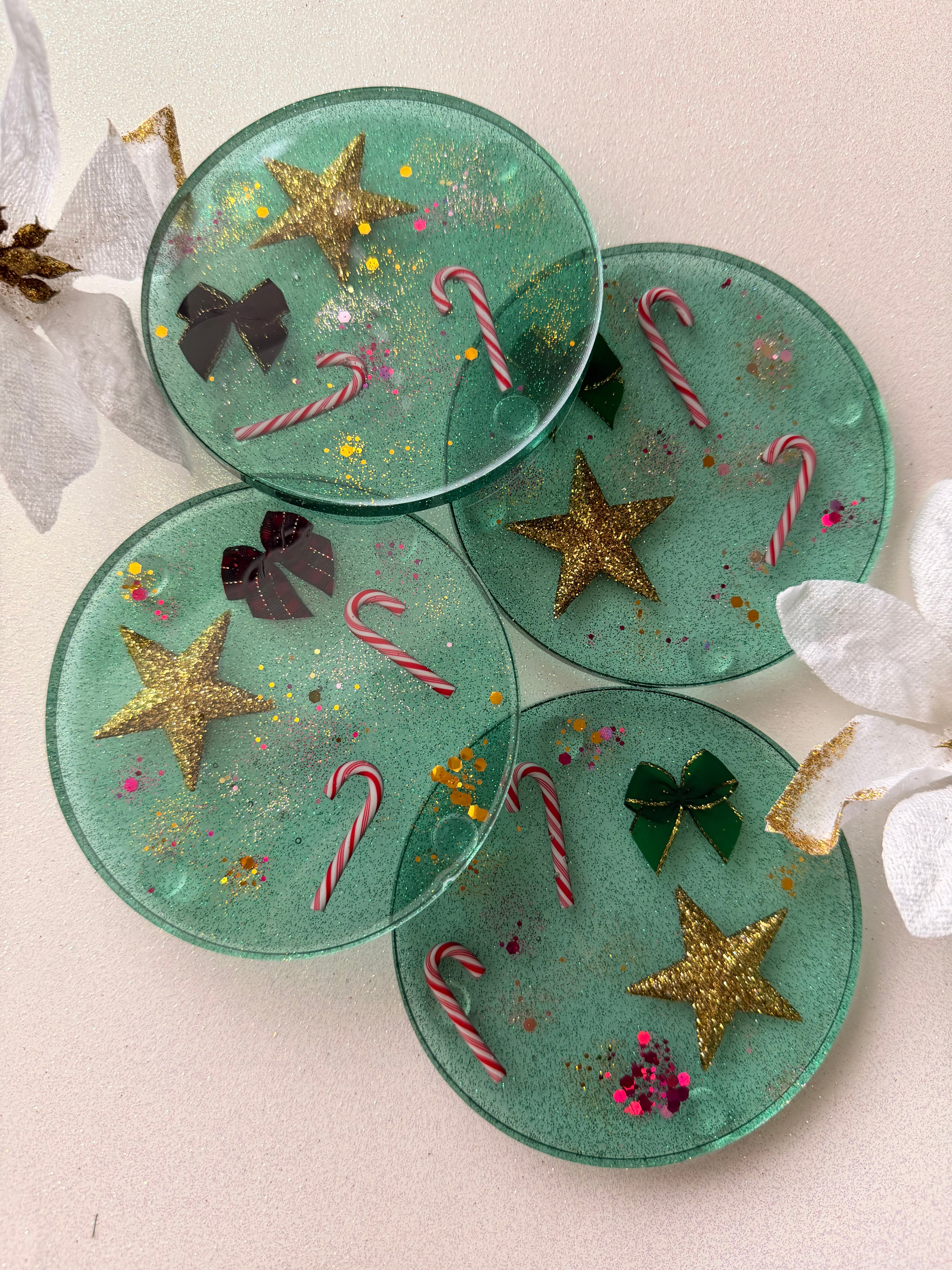 Green & Gold Star Holiday Coasters