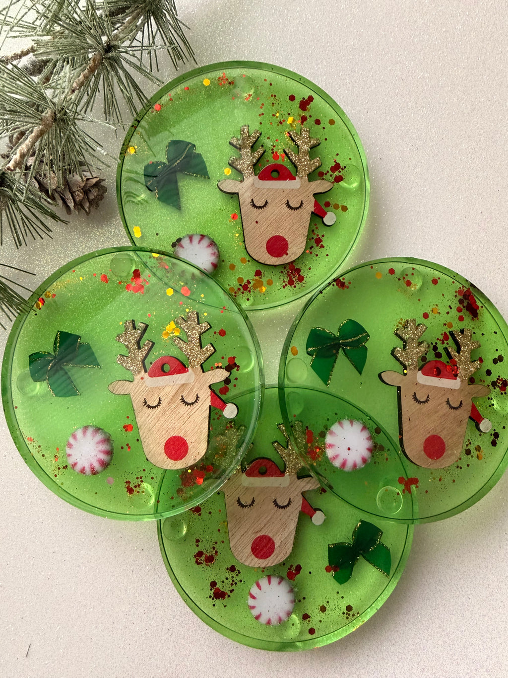 Reindeer & Green Bow Coasters