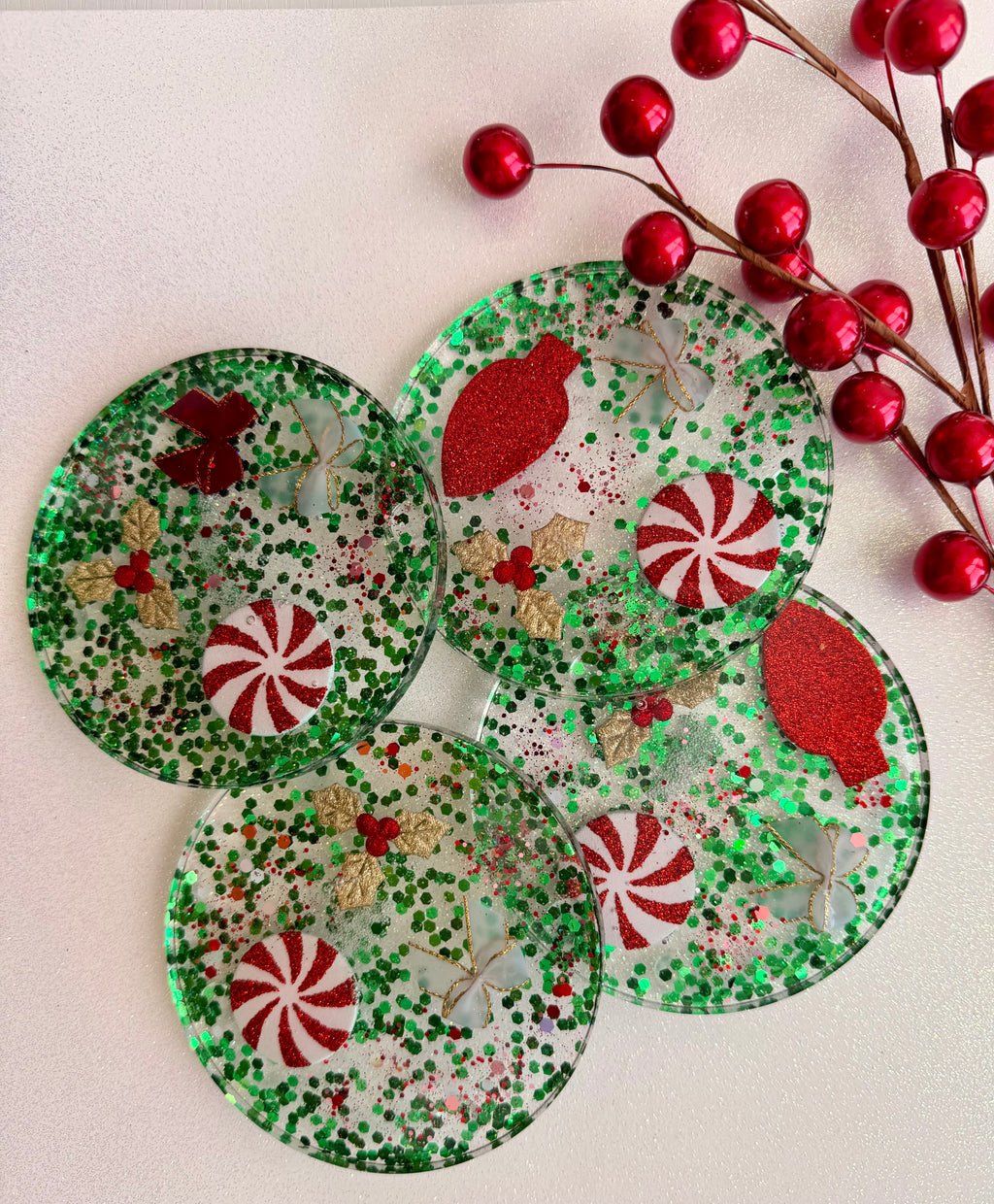 Green Sparkle & Peppermint Swirl Coasters