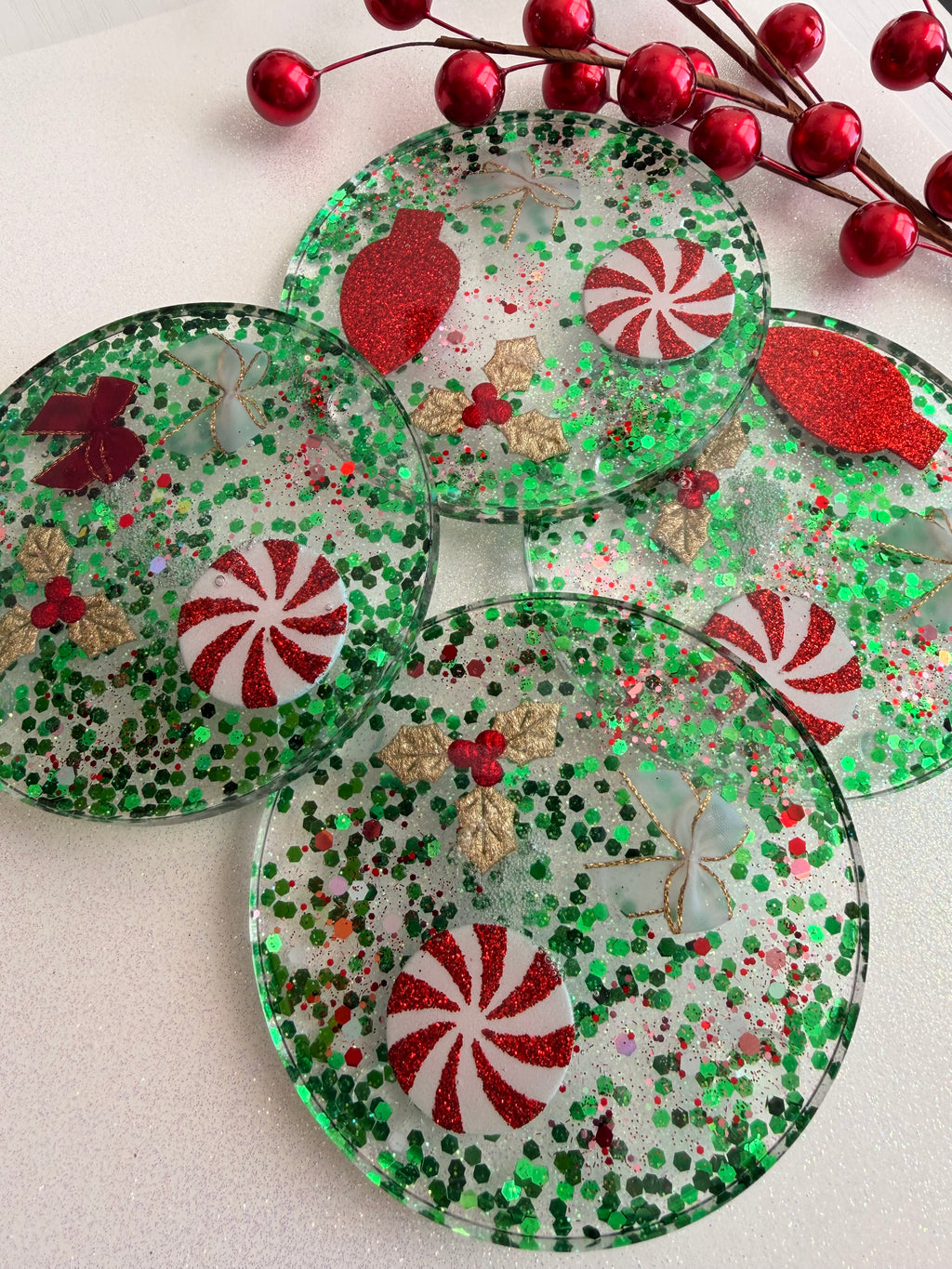 Green Sparkle & Peppermint Swirl Coasters