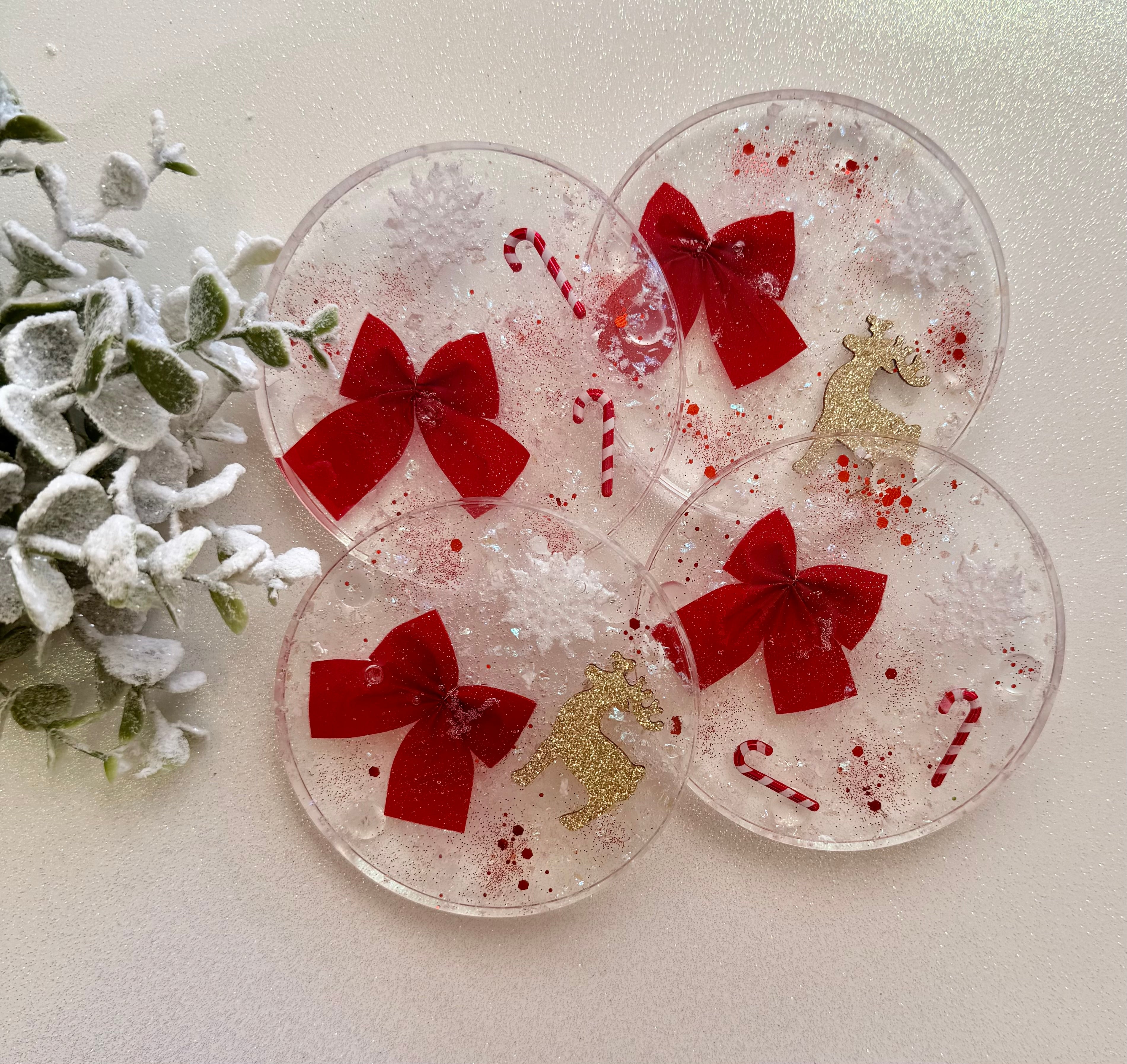 Clear Red Bow & Reindeer Coasters