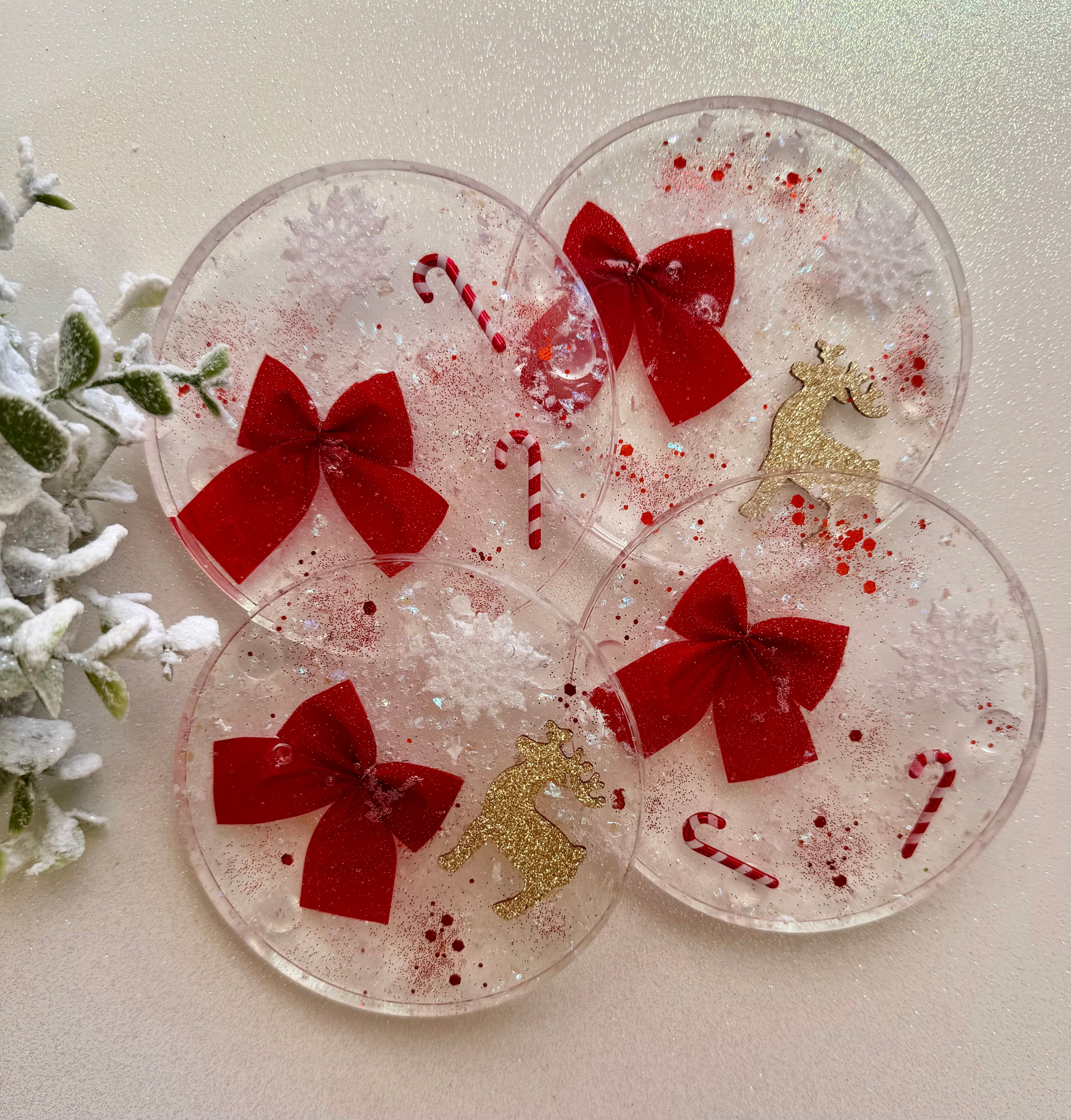 Clear Red Bow & Reindeer Coasters