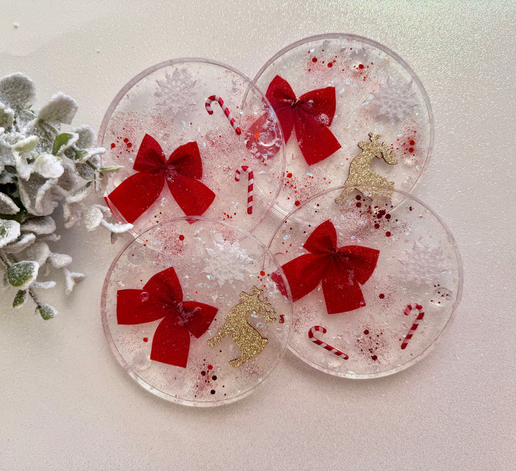 Clear Red Bow & Reindeer Coasters